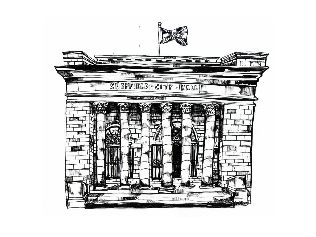 Compassionate Sheffield - a pen sketch of the front of Sheffield City Hall 
