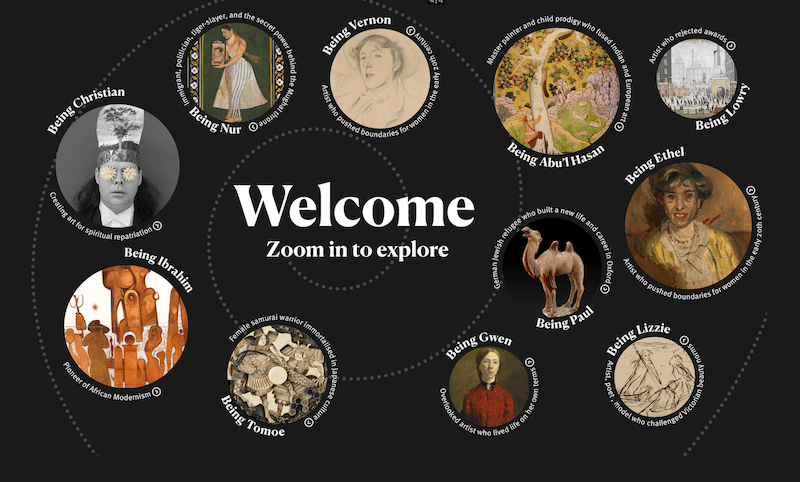 Screenshot of the 'Ways of Being' pilot showing a number of circles on a black background. Each circle on the screen represents a historical figure you can click on to explore though the online museum.
