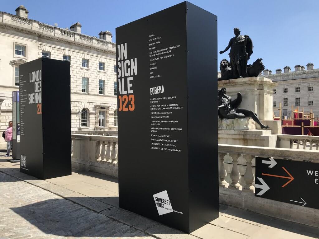 Sign outside London Design Biennale at Somerset House