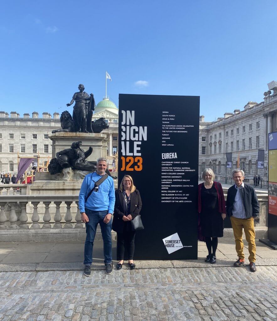 Members of the Lab4Living team outside Somerset House at the Biennale launch. L-R Nick Dulake, Julie Roe, Claire Craig, Paul Chamberlain