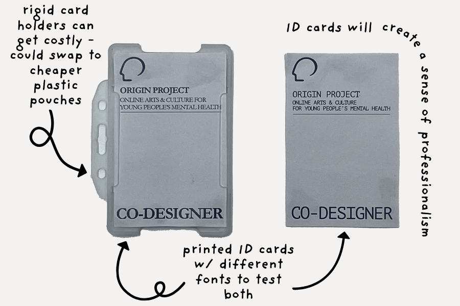 Prototype of the ORIGIN ID card with the old ORIGIN logo and texts "ORIGIN PROJECT", "ONLINE ARTS & CULTURE FOR YOUNG PEOPLES' MENTAL HEALTH' & 'CO-DESIGNER'.